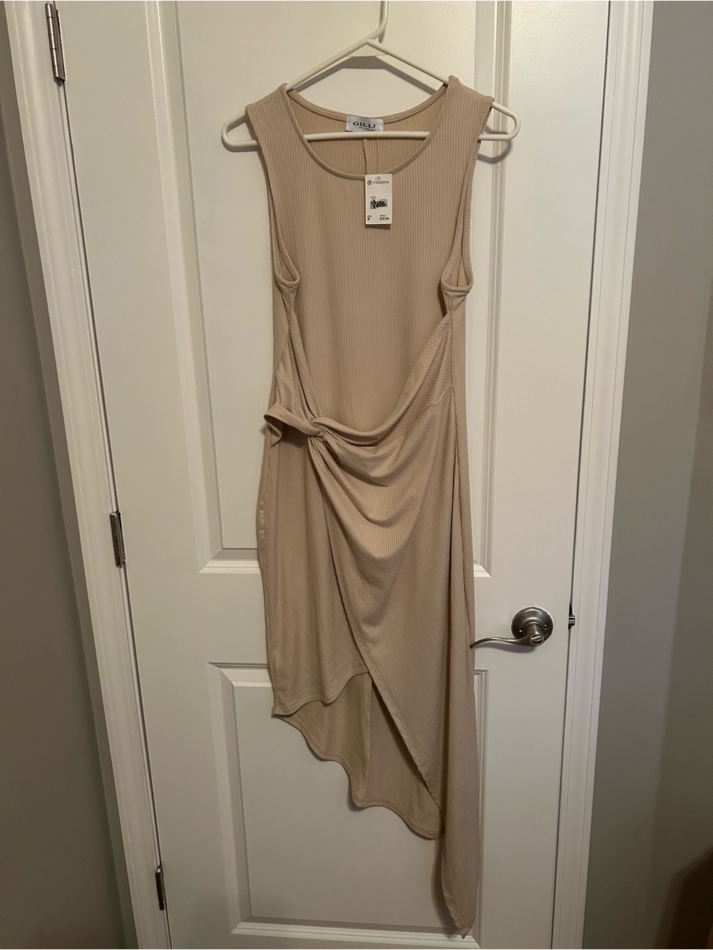 Gilli Neutral Beige Sleeveless Asymmetric Knot Dress